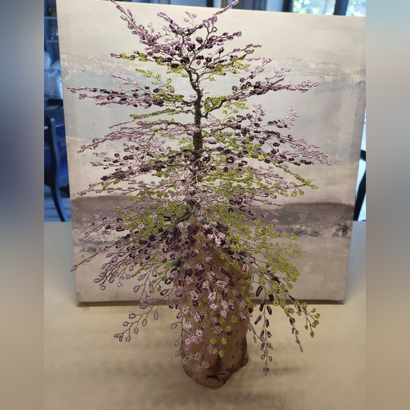 Beaded Bonsai Wire Tree, Pink, Purple, Green Wisteria on Driftwood - Picture 10 of 16